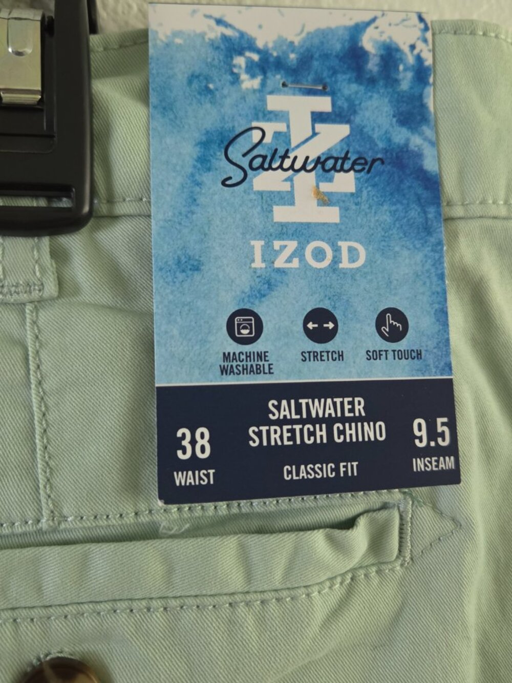IZOD Saltwater Stretch Chino Shorts - Mint Green (Size 38) - Picture 3 of 3
